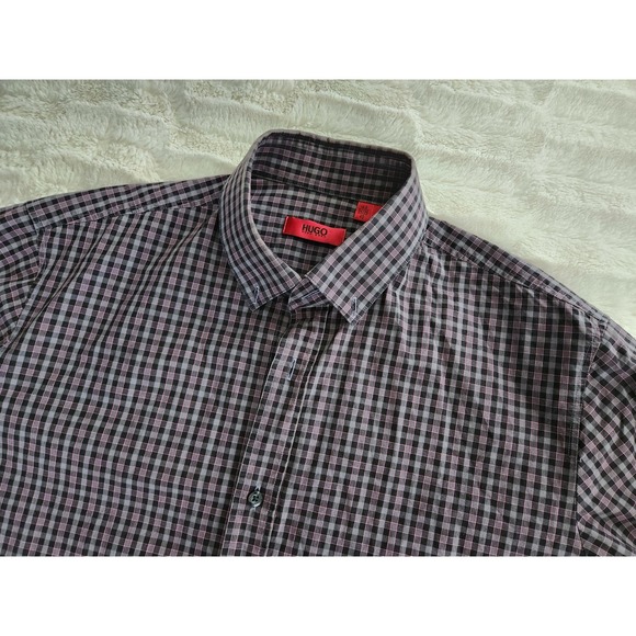 Hugo Boss Long‎ Sleeve Button Down Shirt Pink Gray Gingham Mens 15.5 - Picture 1 of 10